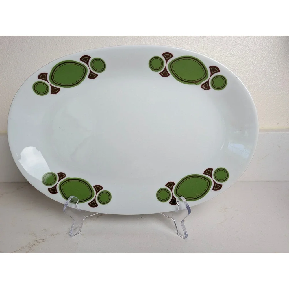 Mitterteich Bavaria Vintage MCM Oval Serving Platter Green Brown Geometric 15in
